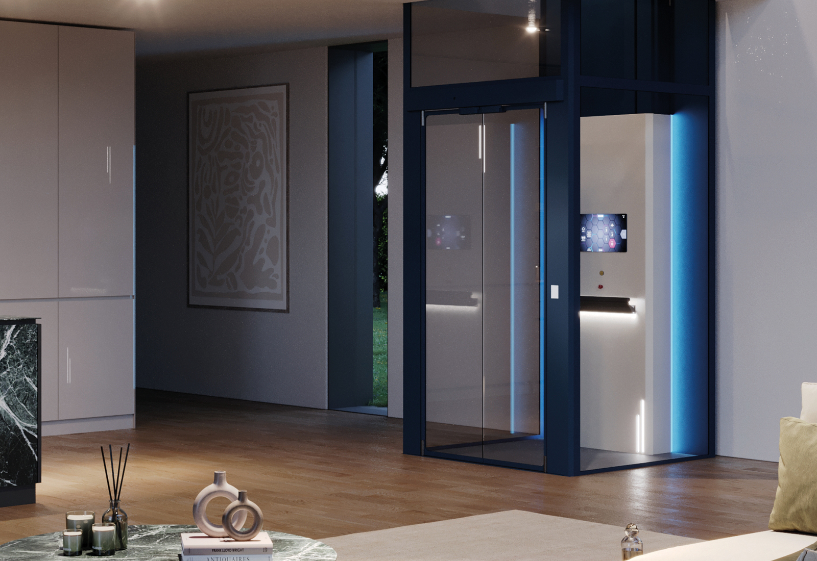 LSM Mobility Plateforme verticale NOVA Code élégante dans un intérieur moderne. Ascenseur domestique avec cadre bleu foncé et parois en verre, intégré dans un salon lumineux et design.