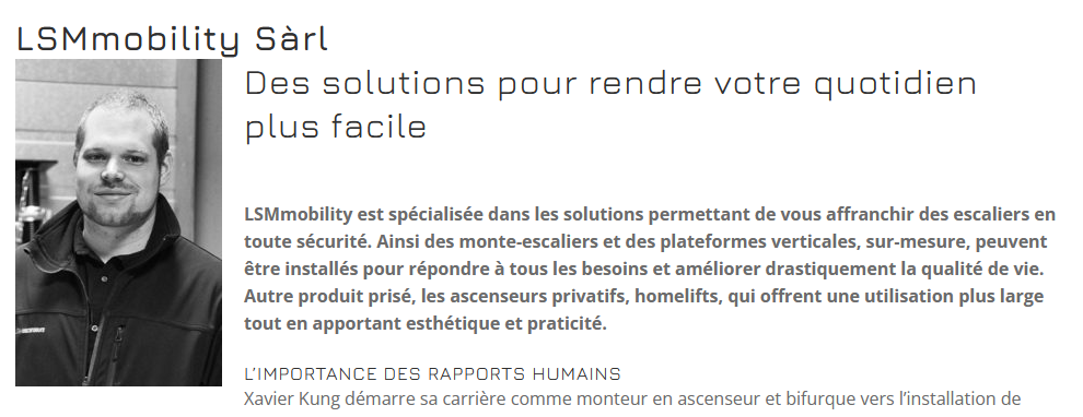LSM Mobility Portrait en noir et blanc de Xavier Kung de LSMmobility Sàrl, spécialiste des solutions pour faciliter le quotidien, comme les monte-escaliers et ascenseurs privatifs.