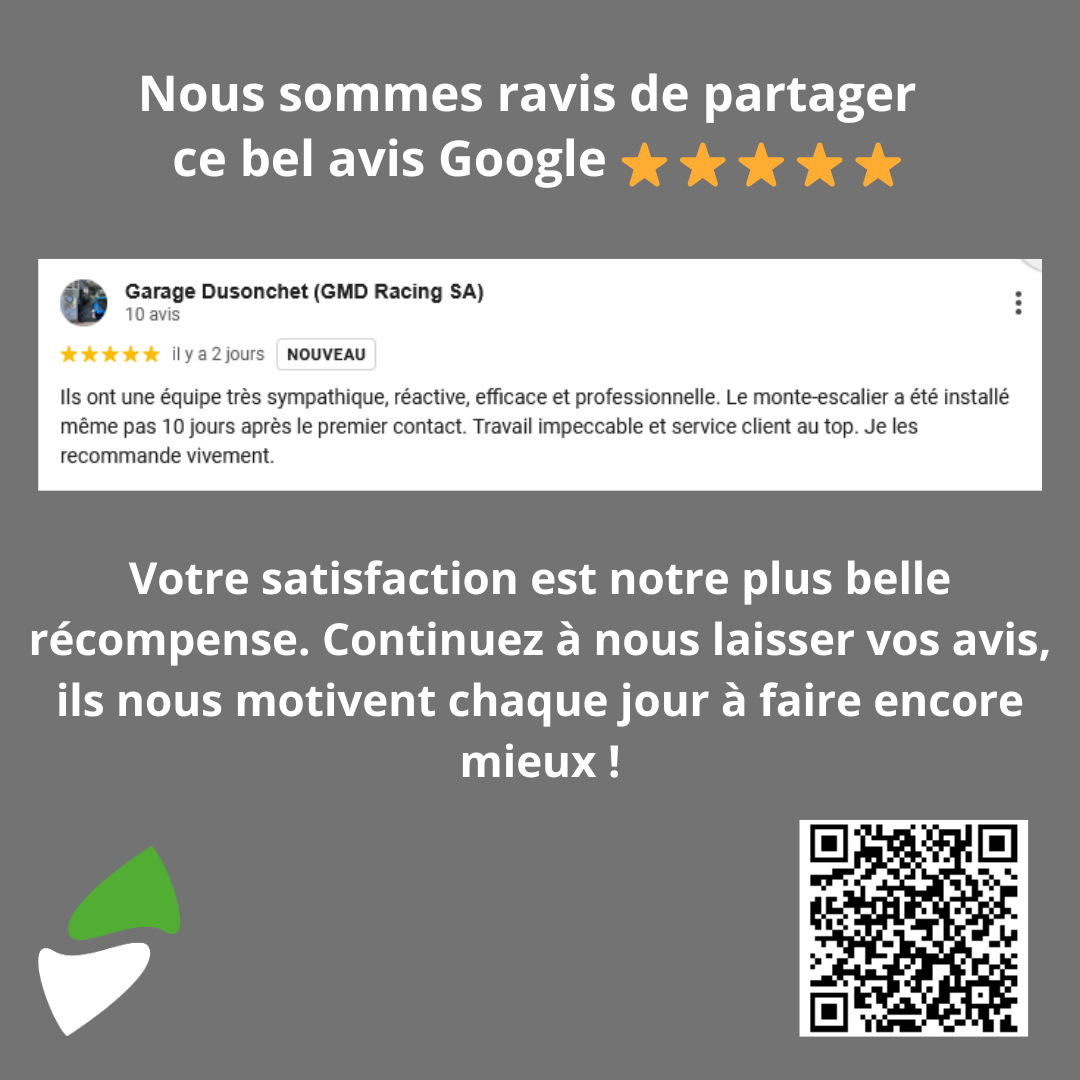 LSM Mobility Capture d'écran d'un avis Google 5 étoiles pour Garage Dusonchet, louant leur équipe sympathique, réactive et professionnelle, avec un QR code pour plus d'avis.